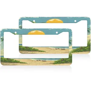 License Plate Frames, Palm Tree Car Tag Cover with Screws, 2 Hole Universal Holder Aluminum Plate Frame, Ocean Sunrise Car Accessories, 12.2x6.3 Inch ﻿