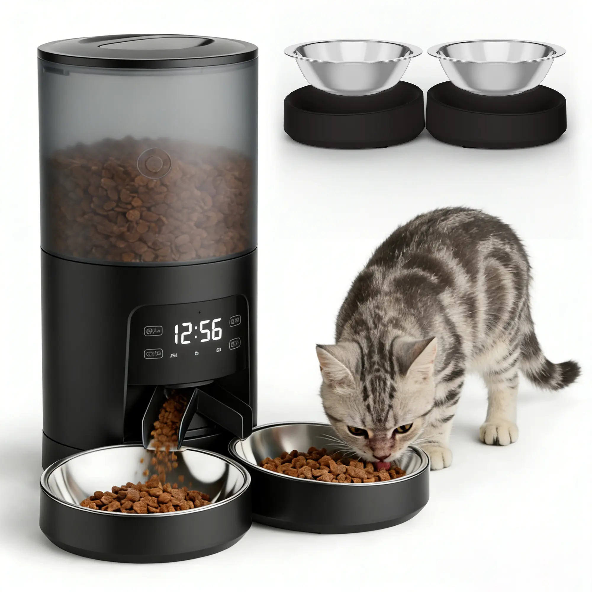 Sweetcrispy Outlet - 6L Automatic Cat Feeder for 2 Cats, Timed Pet Food Dispenser, 2 Stainless Bowls, 10s Voice Call, Dual Power Supply, 6 Meals Per Day, 50 Portions Per Meal, Dual Pet Feeder for Cat and Dog