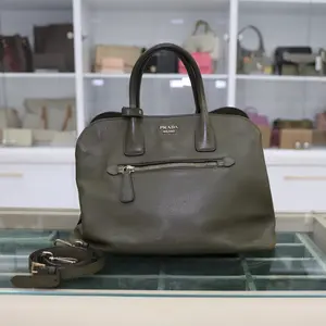 Pre-owned PRADA Leather Tote Bags Saffiano Cuir Open Promenade Handbag In Olive Green