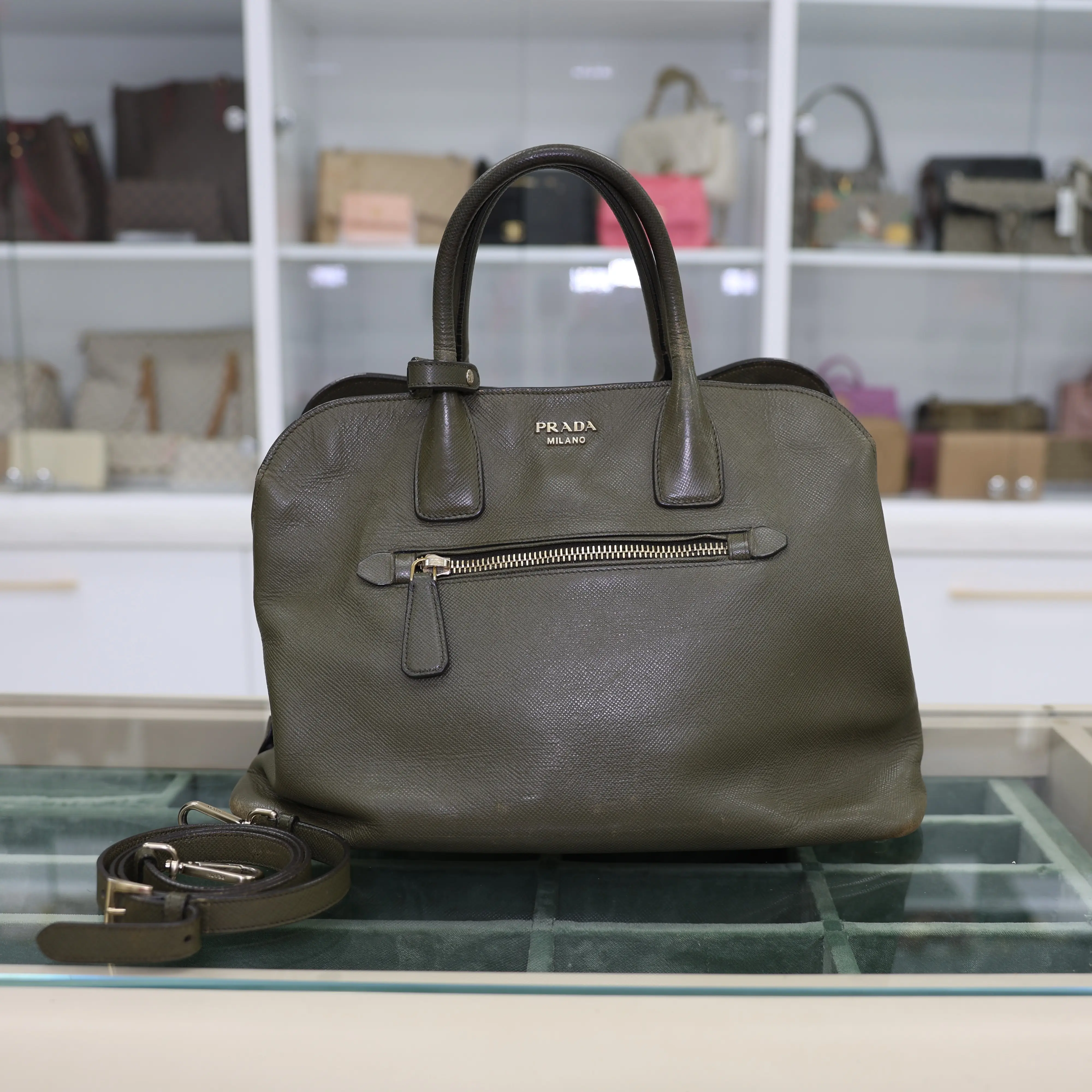 Pre-owned PRADA Leather Tote Bags Saffiano Cuir Open Promenade Handbag In Olive Green