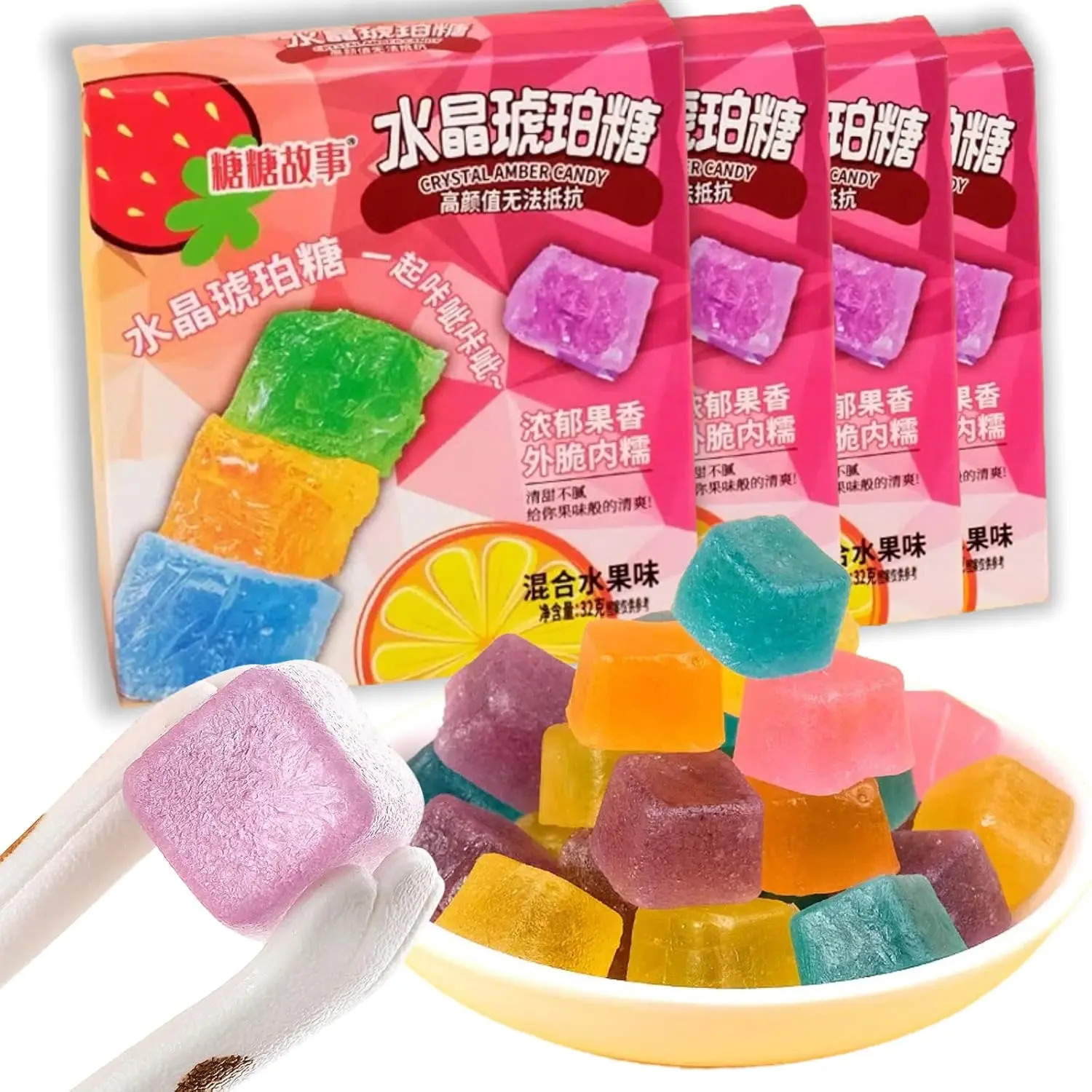 Gem Crystal Amber Candy Assorted Fruit Flavors for party, 4-Pack, Edible Gem, Gluten-Free, Exquisite Packaging, Irresistible Crispy-Chewy Texture