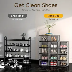 Premium stackable clear shoe storage organizer box set: space-saving plastic sneaker display case combination kit for closet, bedroom, and entryway organization, plus contemporary home decor solutions