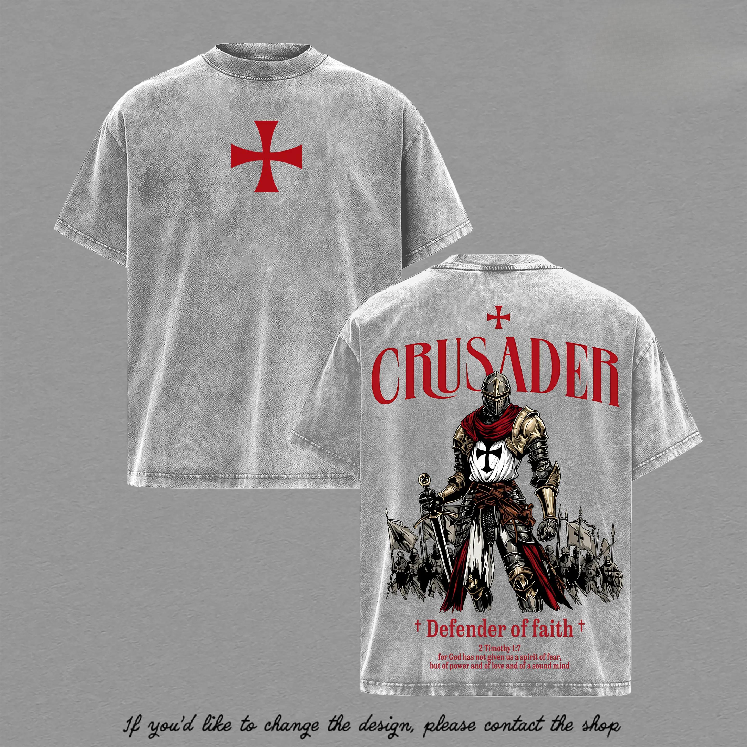 Crusader Defender of Faith Vintage Washed Oversized T-Shirt, 2 Timothy 1:7 Scripture Knight Graphic Tee, Heavy Cotton Medieval Christian Streetwear Top, Unisex Dark Gothic Warrior Shirt