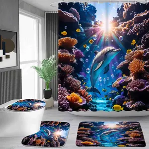 1/4 piece tropical underwater dolphin pattern shower curtain set, waterproof shower curtain with 12 hooks, non-slip bathroom carpet, toilet U-shaped cushion, toilet seat cover cushion, bathroom shower curtain set, perfect moving gift.