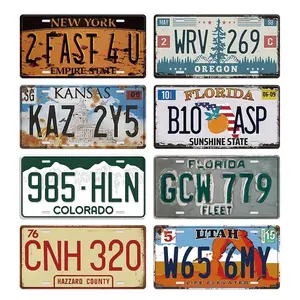 Vintage License Plate Pattern Tin Sign, 8 Counts/set Metal Wall Art, Wall Decor for Home Living Room Bedroom Study Room