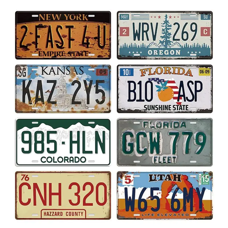 Vintage License Plate Pattern Tin Sign, 8 Counts/set Metal Wall Art, Decorative Wall Metal Plaque, Vintage Plaque Decoration, Wall Decor for Home Living Room Bedroom Study Room