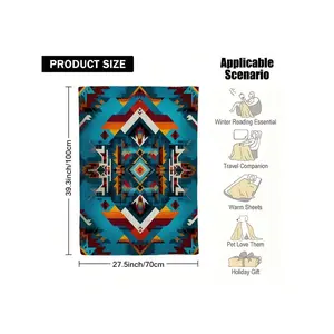 1pc Fluffy Geometric Print Flannel Blanket - Soft Lightweight Foldable All-Season Bedspread, Vibrant Teal Blue Red Orange Black White Retro Design Home Decor, Cozy Bedspread, Durable Bedspread