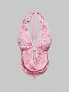 Heavily Embroidered Sequin Trim Backless Draped Neck Beach Vacation Sexy Women's Tank Top