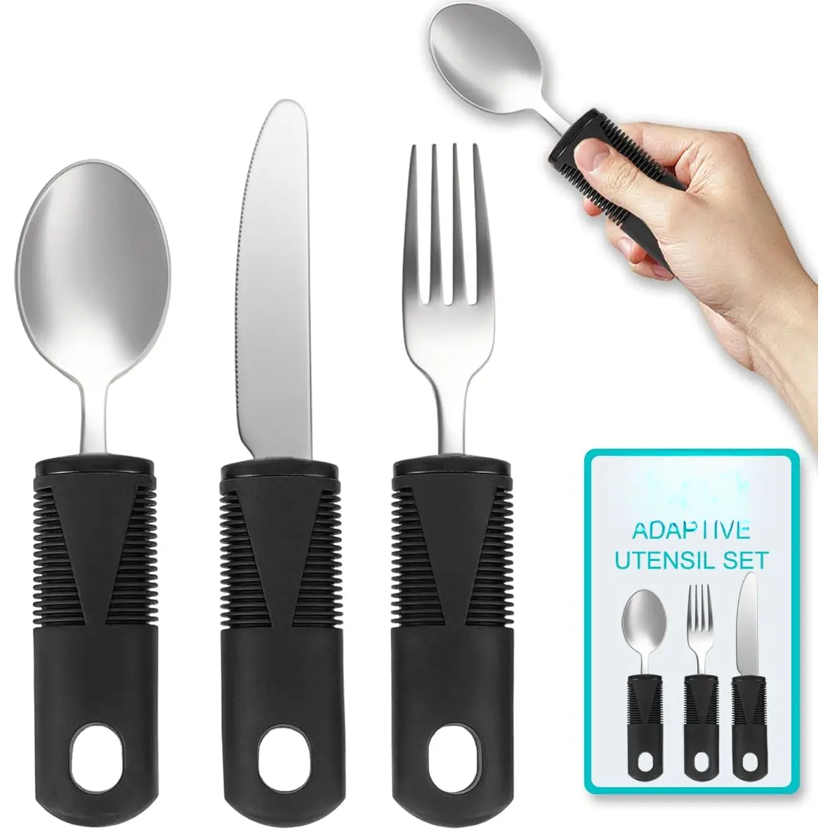 Adaptive Utensils, Adaptive Utensils 3 count for Hand Tremors,, ,Parkinsons-Built Up Utensils for Adults-Easy Grip  Handle-2.7oz Each Weighted Silverware for Hand Tremors