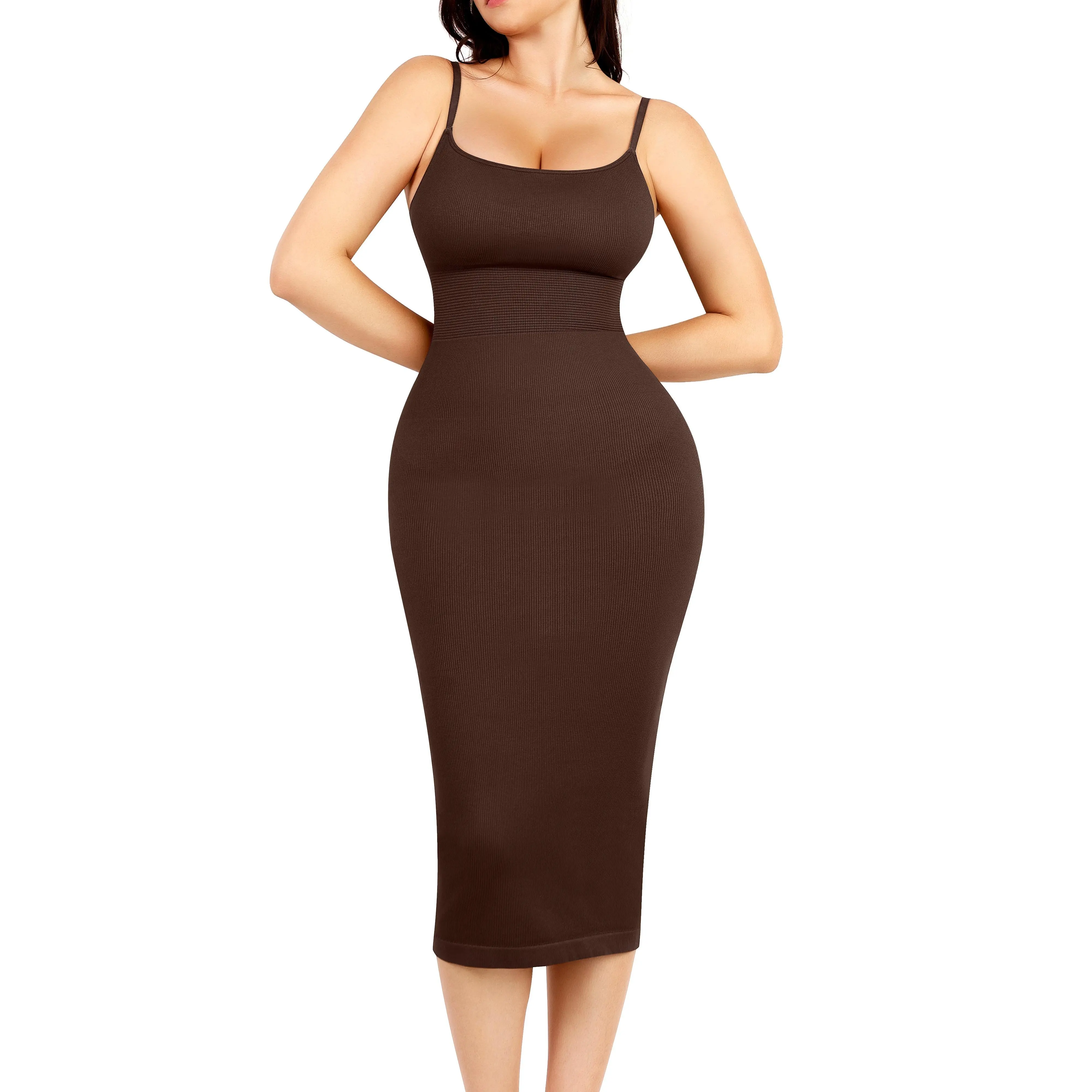 Strap square neck long skirt-Dark Brown