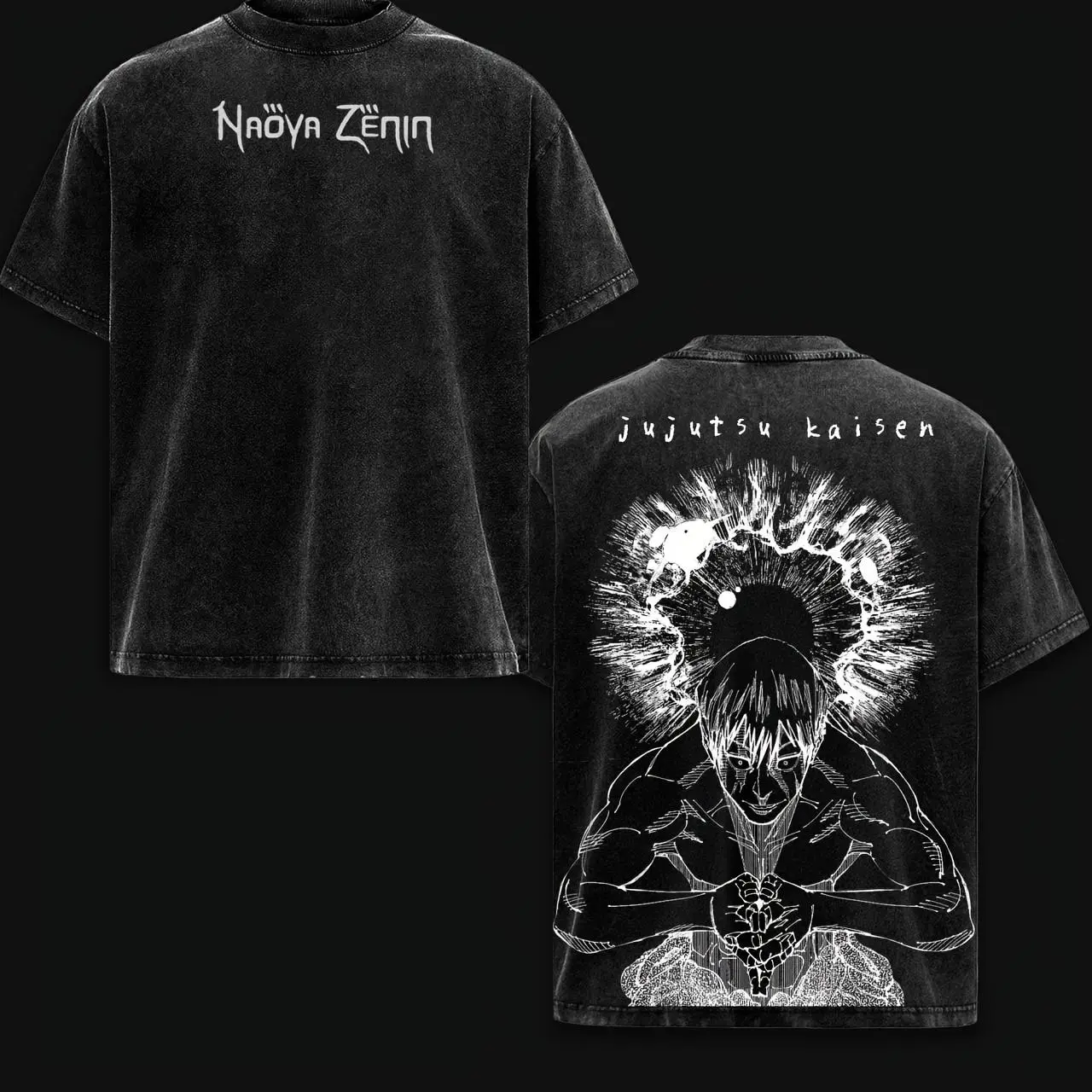 Men's Cotton Vintage Washed Distressed Jujutsu Kaisen Naoya Zenin Round Neck Short-Sleeve Otaku T-Shirt - Fitted/Oversized Menswear Top with Heavenly Restriction Anime Figure Graphic, Streetwear for Him, Ripped, Cute, Graphic Tee, Fan‑Ready Print