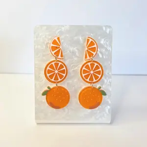 #202 Triple Orange with Glitter Stud Earrings, Casual, Fruit, Food, Summer, Acrylic