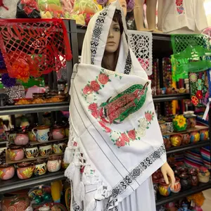 Virgen de Guadalupe Mexican rebozo fiesta shawl white