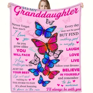 To My Granddaughter Inspirational Gift Soft Cozy Flannel Blanket Colorful Butterfly Love Letter Print Plush Throw Warm Fuzzy Bedroom Sofa Blanket Perfect Birthday Graduation Holiday Gift for Granddaughter from Grandma Grandpa Home Decor