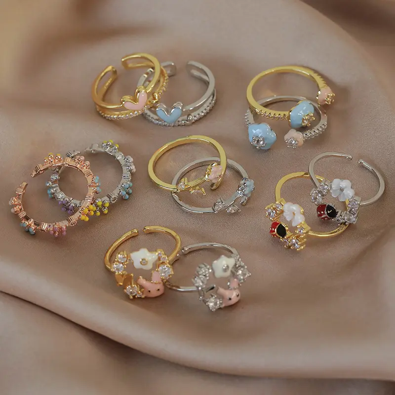 Spring and summer macaron-colored oil-drip flower heart ring with zircon inlay, open niche ring for women, personalized index finger ring Spring and summer macaron-colored oil-drip flower heart ring with zircon inlay, open niche ring for women, personalized index finger ring