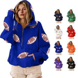 Tanming Women's Football Sequin Hoodie Gameday Pullover Long Sleeve Zipper Sweater with Kangaroo Pocket for Tailgating & Casual Wear Fit Womenswear