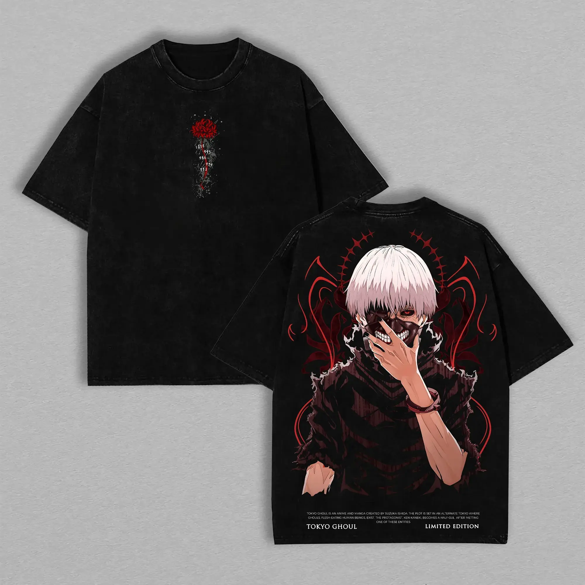 Men's Tokyo Ghoul Ken Kaneki Oversized Round Neck Cotton Short-Sleeve Tshirt - Soft Vintage Washed Seamless Mens Top Apparel