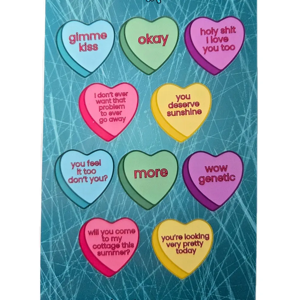 Heated Rivalry Conversation Hearts Sticker Sheet with Fun Phrases and Colors for Valentine's Day Decor