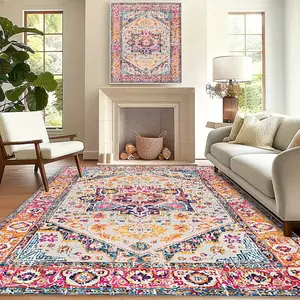 Boho Floral Pattern Rug, 1 Count Vintage Bohhemian Non-slip Washable Floor Mat, Decorative Carpet for Home Living Room Bedroom, Bohemian Style Rugs