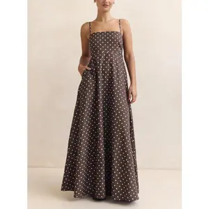 Women's Summer Slip Dress Dot Print Sleeveless Spaghetti Strap Backless Long A Line Dress with Pockets