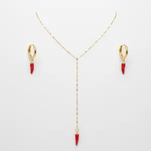 Chili Necklace and Earrings Set Stainless Steel with Red Pendant and Gold Color Hoops for Women Fashion Jewelry