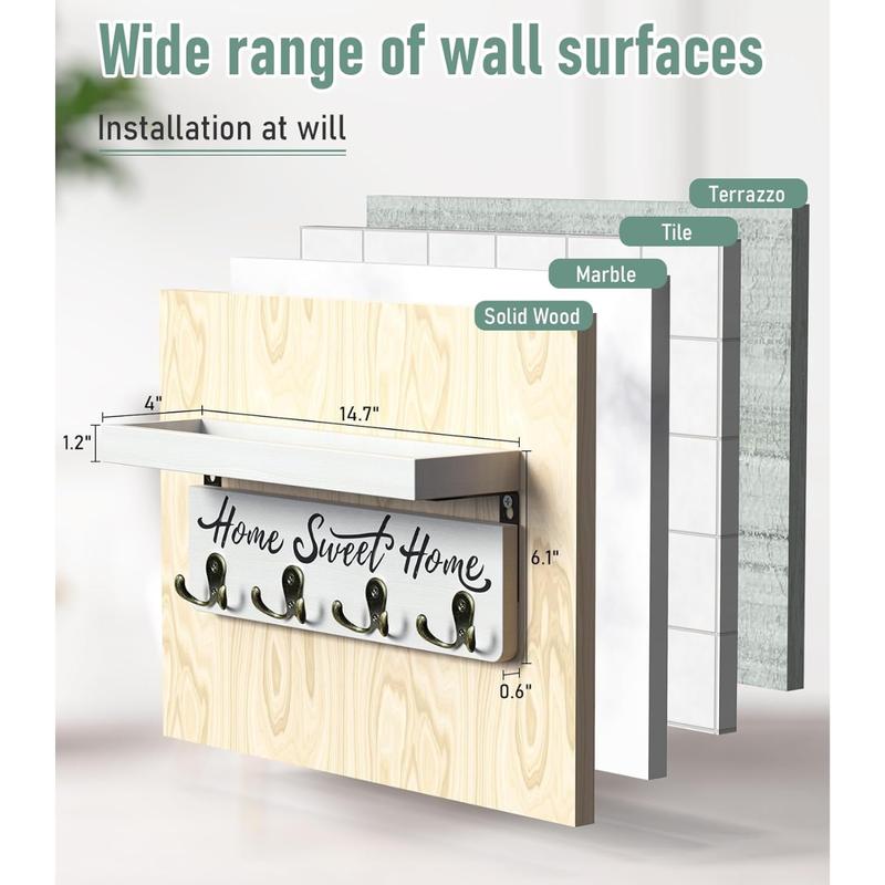 Wall-Mounted Key and Mail Holder, Wooden Key Rack with 4 Double Key Hooks, Rustic Home Decor for Entryway(White) Metal Shelves Decorative Farmhouse