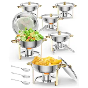 [TOP RATED - FLASH SALE] Garvee Chafing Dish for Buffet 6 Pack, 5QT Round Chafing Dishes Buffet Set w/Lid Holder, Stainless Steel Chafers and Food Warmers with Spoon and Tweezers for Parties, Weddings, Events, Banquet, Gold