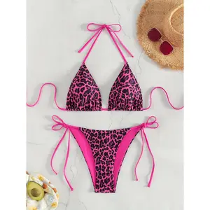 New foreign trade bikini swimwear, European and American leopard print lace-up sexy swimsuit for women