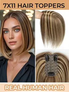 7X11 Human Hair Topper with Scalp | Clip-In Hair Piece for Women, Suitable for Thinning Hair & Bald, 20.32cm-35.56cm Extensions, Center Part, No Bangs, P4/27 Straight Hair