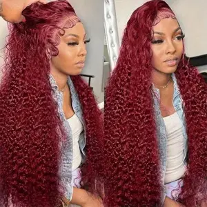 Bling Hair 99J Burgundy Deep Wave Human Hair Lace Frontal Wig 13x6 13x4 Hd Transparent Lace Front Human Hair Wigs Kinky Curly Wigs For Women Pre Plucked Red Curly Hair