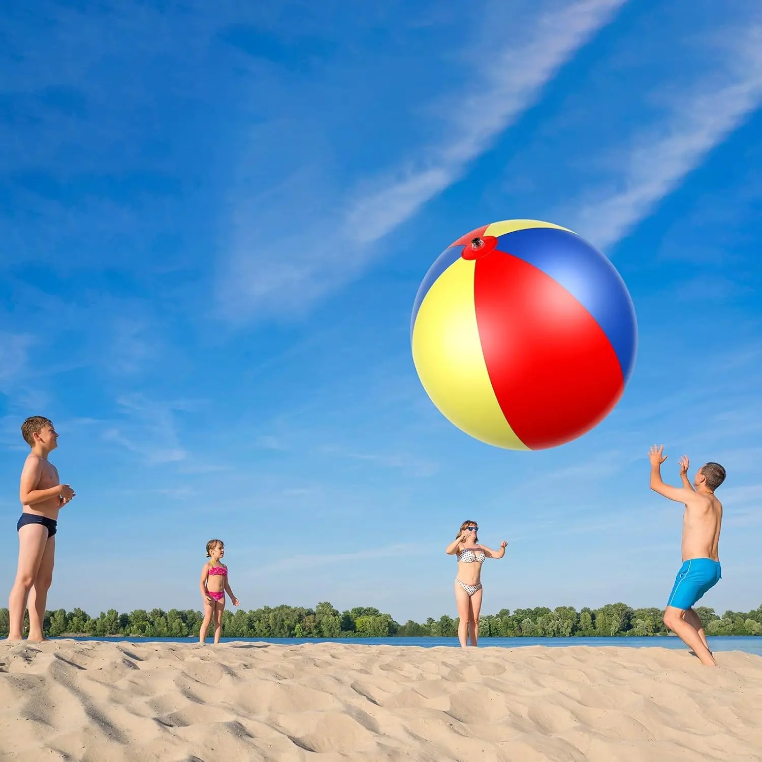 Giant oversized beach ball. A huge balloon, a massive 40-inch inflatable ball. A large rainbow-colored plastic toy, perfect for kids and adults. Great for summer pool games, backyard fun, and beach parties.
