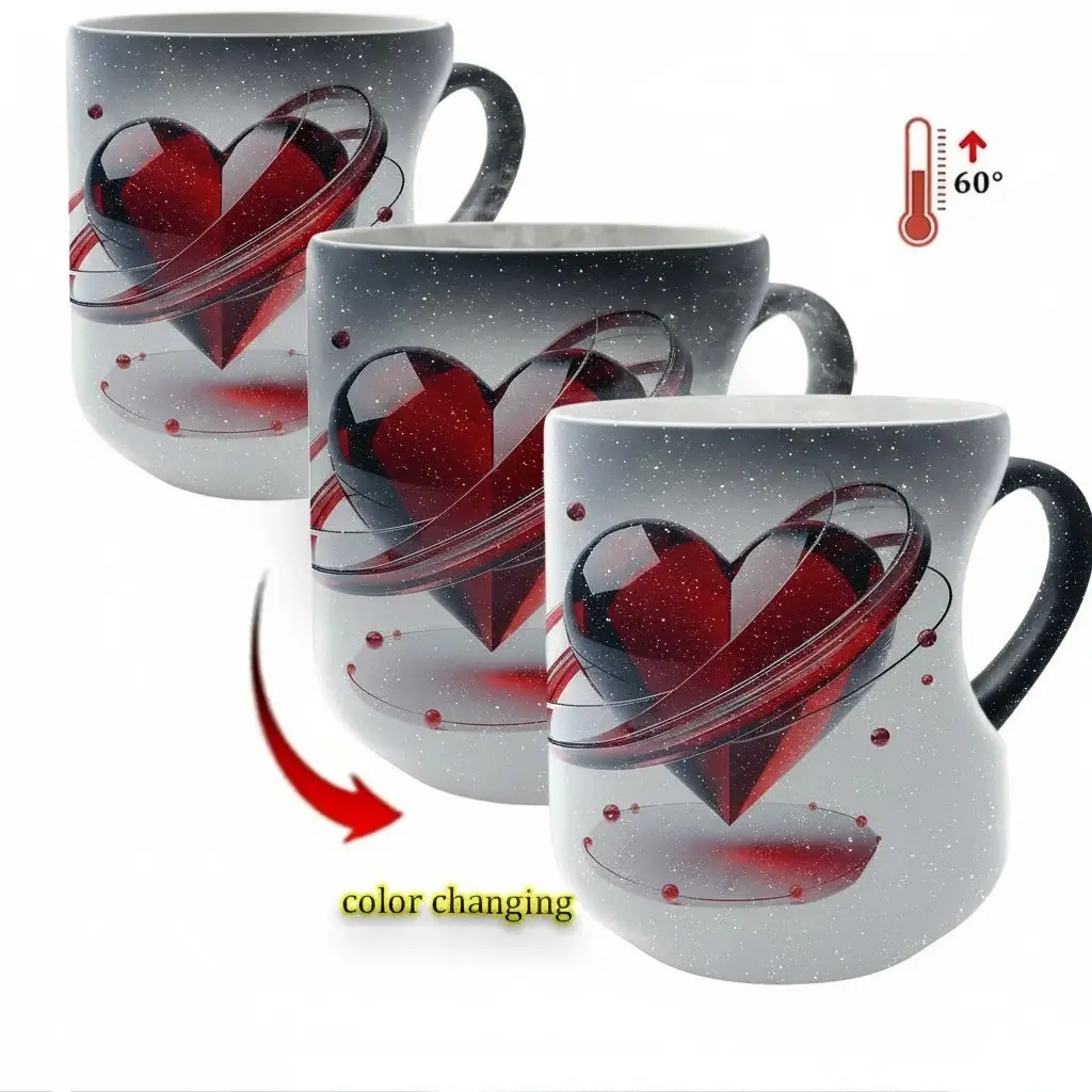 60°C Triggered Color Changing Galaxy Heart Travel Mug, Insulated Ceramic Tumbler 11 oz (330ml) - Cosmic Planetary Love Design Cup, Romantic Valentine's Day Gift for Her, Hot Beverage Thermos Mug