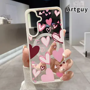 Magnetic Phone Case Compatible with Samsung Galaxy S24 Plus S25 S23 FE S22 Ultra S22+ Heart Love Patterned Clear Acrylic Back Shockproof Air-Guard Corners Hard Shell for Girl