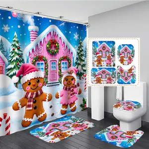 1/3/4PCS Christmas Style Gingerbread Figures in Front of Pink House Shower Curtain Set with Rugs, Non Slip Bath Mat, U-Shape Carpet, Toilet Lid Cover, Polyester Fabric Bathtub Curtain Accessories, 12 Hooks, Home Bathroom Festival Decor
