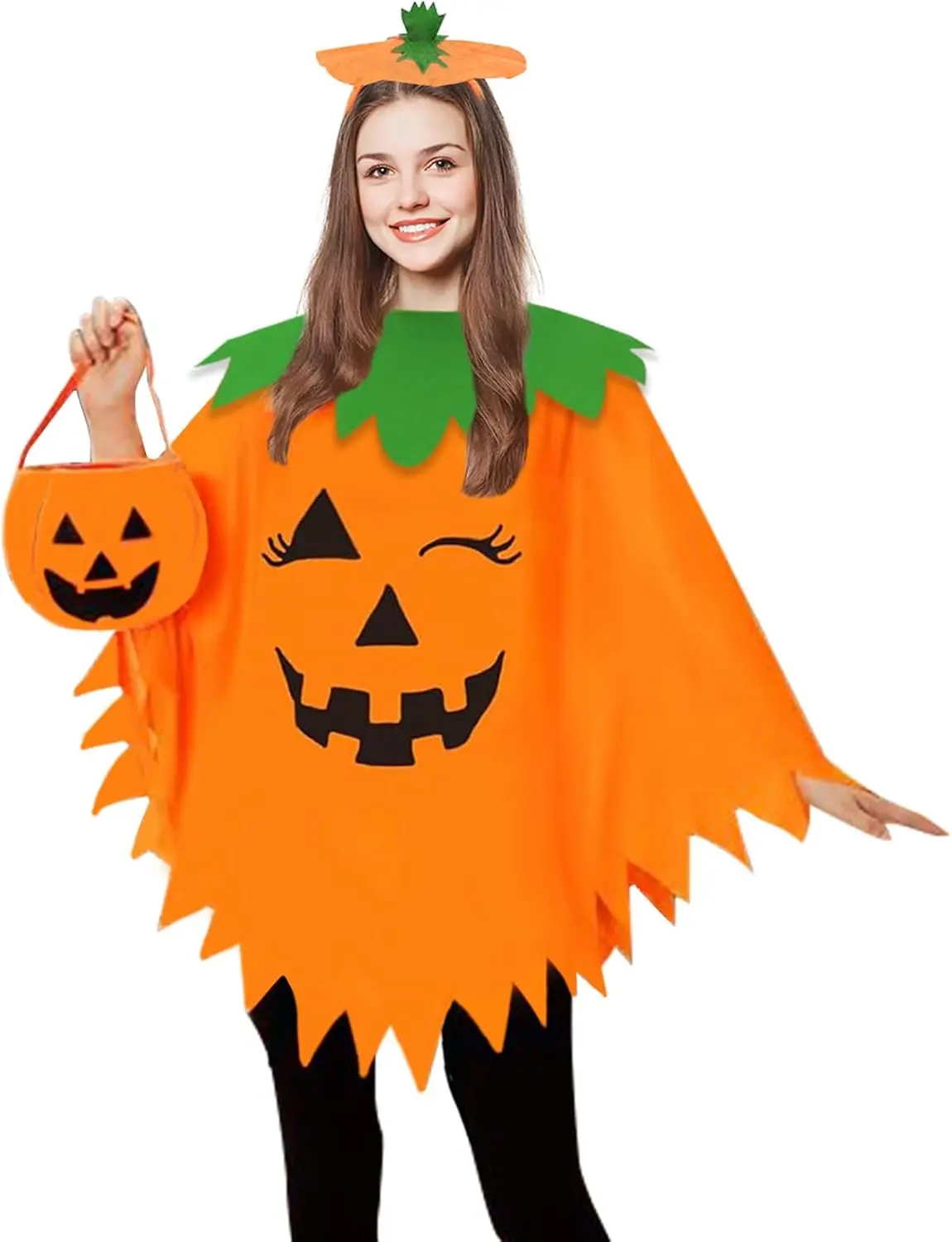 Women's Adult Pumpkin Costume Set - Halloween Poncho, Headband, and Bag