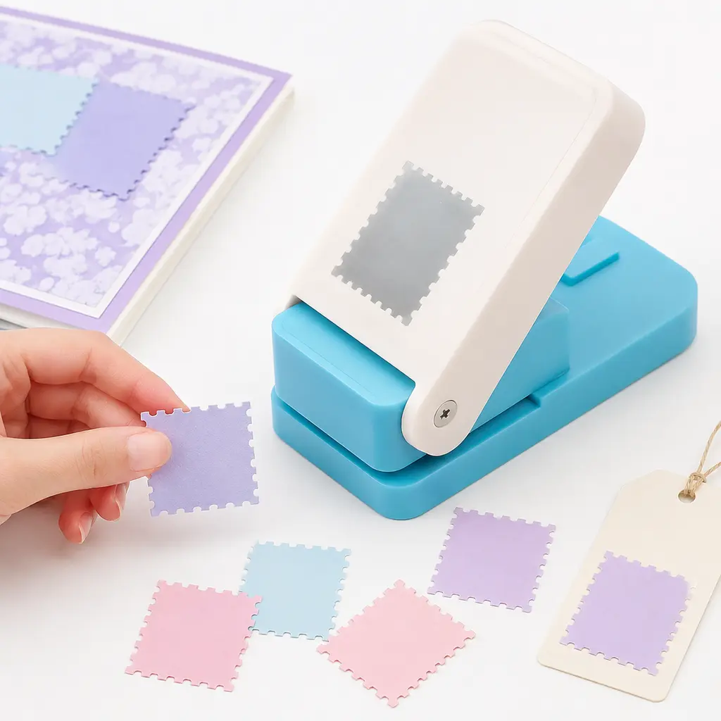 Paper Punch for Office Stationery - Lever Action Vintage Postage Stamp Tool with Scalloped Edge, Alignment Guide, ABS+Metal Build for Scrapbook Journal, DIY Crafts