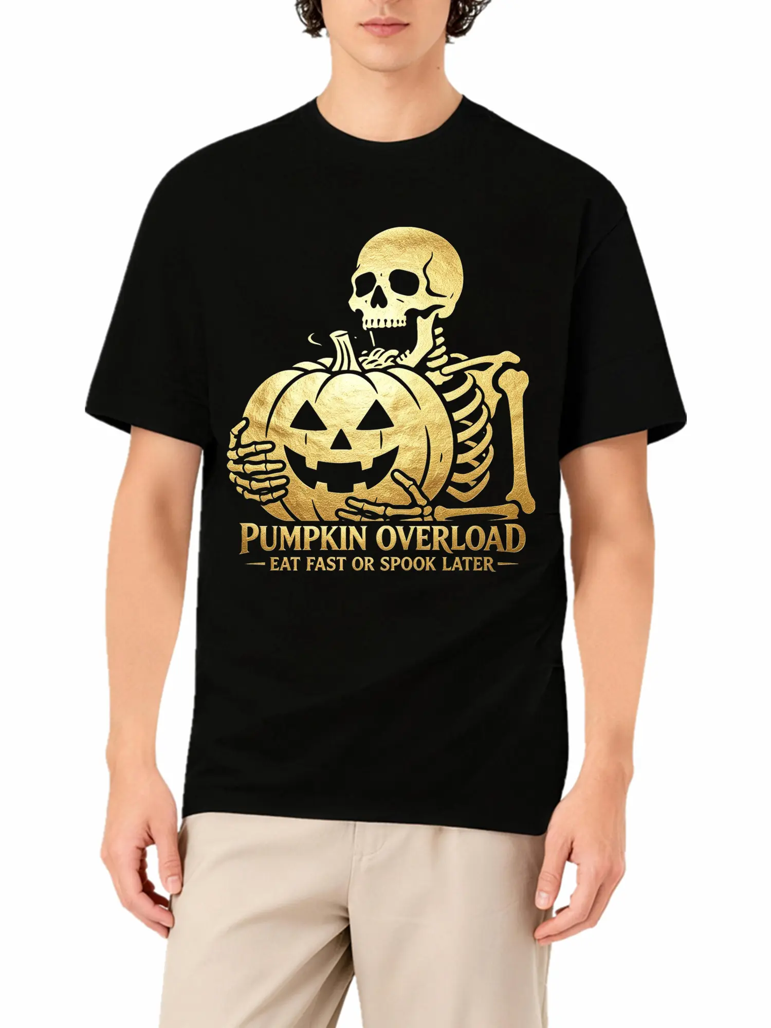 Men's Metallic Gold/Silver Vintage 6.8oz Black Cotton Apparel, Unisex Shortsleeve Breathable Hem T-Shirt with Skeleton Pumpkin Halloween Graphic for Casual Streetwear, Classic, Fabric, Stretch, Menswear, Round Neck, Soft