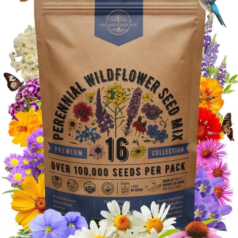 16 Perennial Wildflower Seeds Mix for Indoor & Outdoors. 100,000+ Non-GMO, Heirloom Wildflower Garden Seeds, 4oz Packet for Growing Wild Flowers to Attract Bees, Butterflies & Birds
