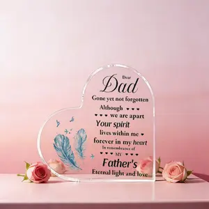 Memorial Dad Acrylic Heart Plaque - In Memory of Father Bereavement Sympathy Gift for Loss of Dad, Feather Design Freestanding Desktop Remembrance Ornament, Decor, Room Decor