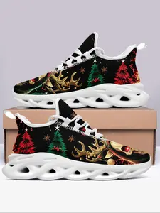 Men's Christmas Themed Print Lace Up Low Top Sneakers, Casual Comfortable Soft Sole Sports Running Shoes, Male All-match Round Toe Shoes for Daily Wear