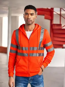 Men's Reflective Strip Hooded Zipper Jacket, High-Visibility Reflective Strips & Drawstring Design, Stylish Safety Fashion Piece, Reflectors
