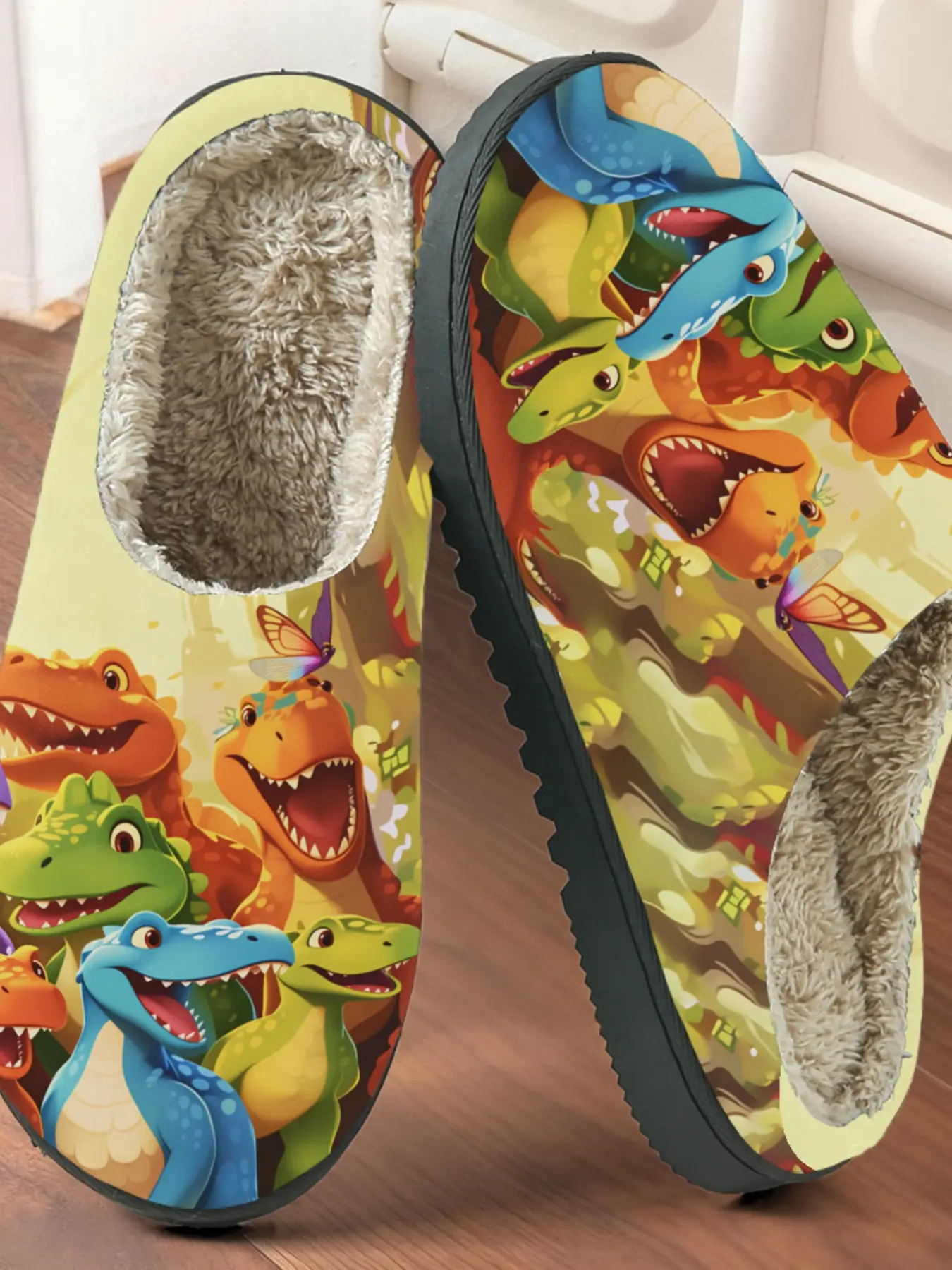 Cute Dinosaur Cotton Slippers for Kids, Plush Lined Anti-Slip Thick Sole, Casual Home Warm Shoes for Autumn Winter, Non Slip Slippers