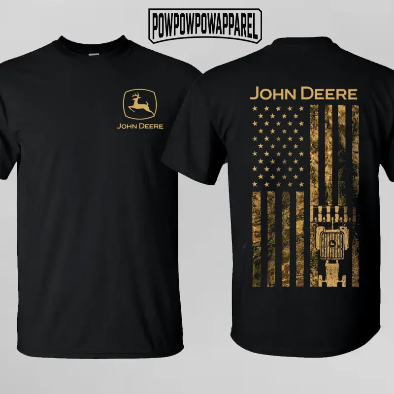 John Deere T Shirt Patriotic USA Camo Flag Tractor Retro Farming Heavyweight Streetwear Casual Apparel