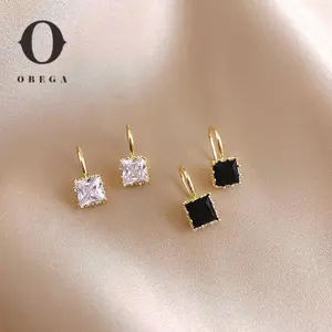 Square Crystal Stone Earrings Copper Material in Gold Plated Clear Black Crystal Stone Fish Hook Earring Women Hot Jewelry