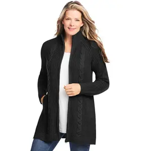 Woman Within Cabled Zip-Front Cardigan - 4X, Black