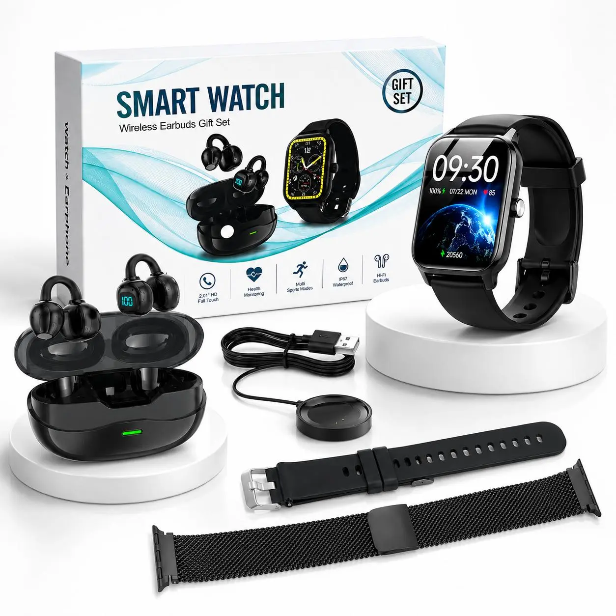 6-in-1 Smart Watch & Open-Ear Wireless Earbuds Set, 2.01" Touchscreen Watch, Ear-Hook Bluetooth Earbuds, 2 Watch Bands, Type-C Cable & Watch Charger, for Work, School, Travel & Daily Use