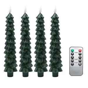 4 Pack Christmas Tree Candles Covered in Snow with Remote, 9.8 Inch Real Wax flameless taper candles, LED Candles Battery Operated with 3D Flickering Flame, Green Candlesticks Christmas Decor,For Christmas Decoration and Best Christmas Gift