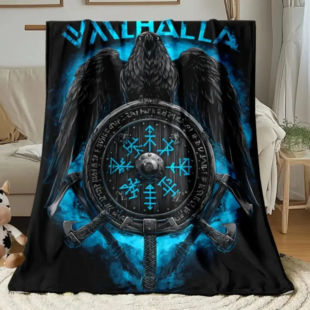 Raven Valhalla Viking Soft Warm Flannel Throw Blanket, HD Norse Mythology Print with Ragnar Lothbrok Viking Ships & Runes, Cozy Blanket for Sofa Bed Camping, Holiday Gift for History & Fantasy Lovers