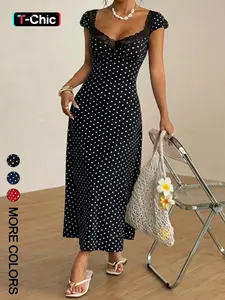 Women's  Polka Dot Print Patchwork Lace Trim Sweetheart Neck Puff Short Sleeve A-Line Midi Dress, Minimalist Vacation Travel Elegant Sweet Casual Wear For  Spring Summer