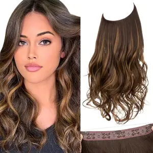 Invisible Wire Hair Extensions with 3 Clips Long Synthetic Wavy Curly Hairpiece Adjustable Transparent Headband for Women 18 Inch Dark Brown/Golden Blonde Highlights
